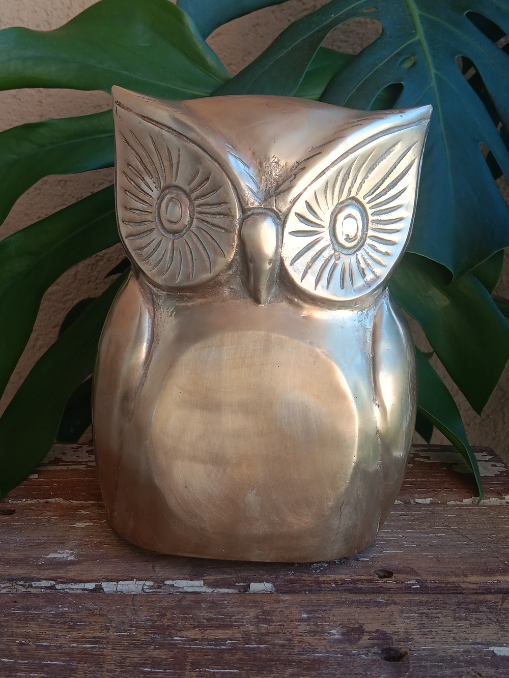 Vintage Large Brass Owl Piggy Bank Coin Bank Mid Century Decor 7.5"